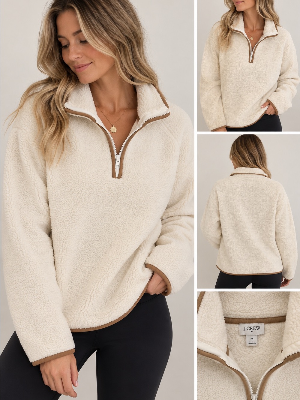 J. Crew Cream Sherpa Quarter-Zip Pullover with Contrast Trim